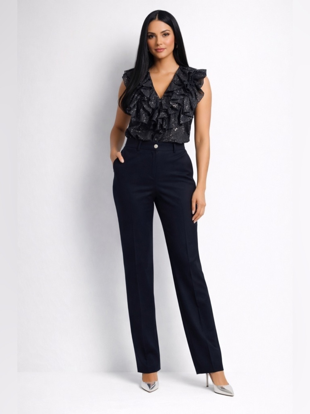 EUC Michael Kors SZ 16 black straight leg trouser w/silver button/waist 38”